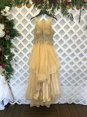 Gold Beaded Tulle High Low Formal Dress XS Sheer Illusion Bodice Prom Wedding